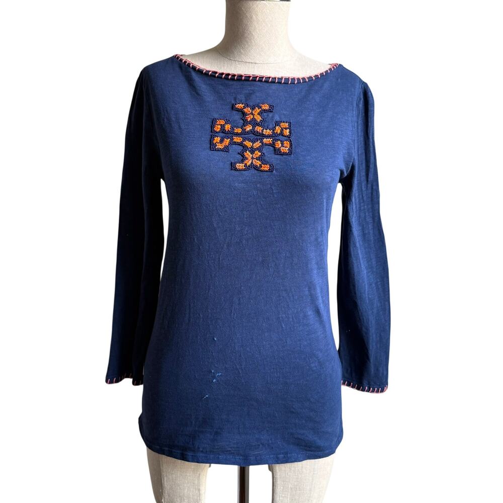 Tory Burch Embroidered Cotton Top Blue Orange Embellishment S